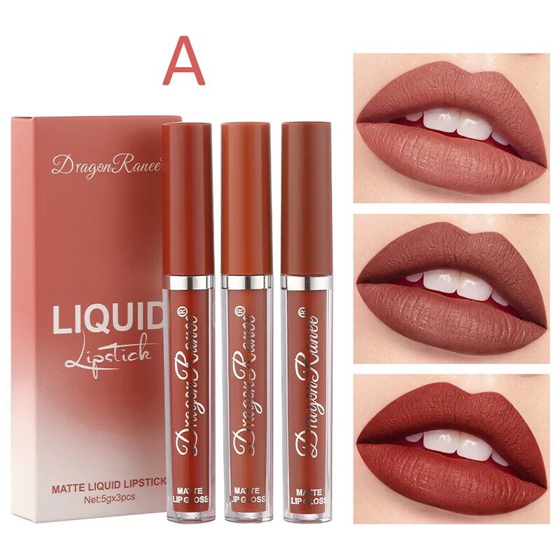 3Pcs/set Matte Velvet Lip Gloss Waterproof Long-lasting Liquid Lipstick Cosmetic Beauty Cream Lipstick Makeup maquillages YZL9 AURA | Moda e Beleza feminina 