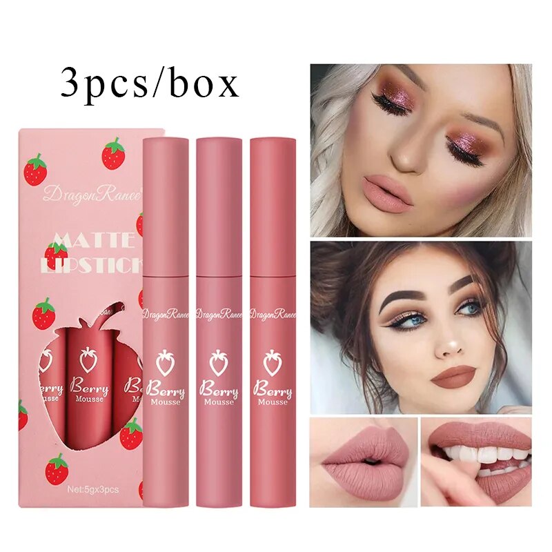 3Pcs/set Matte Velvet Lip Gloss Waterproof Long-lasting Liquid Lipstick Cosmetic Beauty Cream Lipstick Makeup maquillages YZL9 AURA | Moda e Beleza feminina 