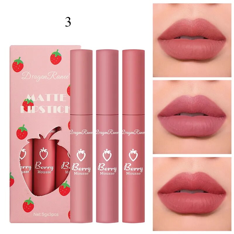 3Pcs/set Matte Velvet Lip Gloss Waterproof Long-lasting Liquid Lipstick Cosmetic Beauty Cream Lipstick Makeup maquillages YZL9 AURA | Moda e Beleza feminina 