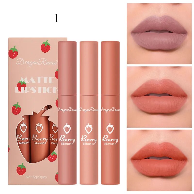 3Pcs/set Matte Velvet Lip Gloss Waterproof Long-lasting Liquid Lipstick Cosmetic Beauty Cream Lipstick Makeup maquillages YZL9 AURA | Moda e Beleza feminina 